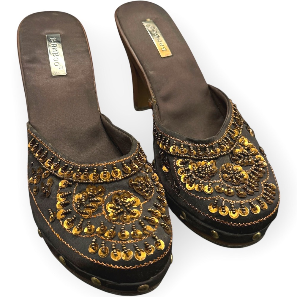 Bamboo Brown Satin Sequin Beaded Wooden Platform Clogs Mules Heels 4" heal Sz 9